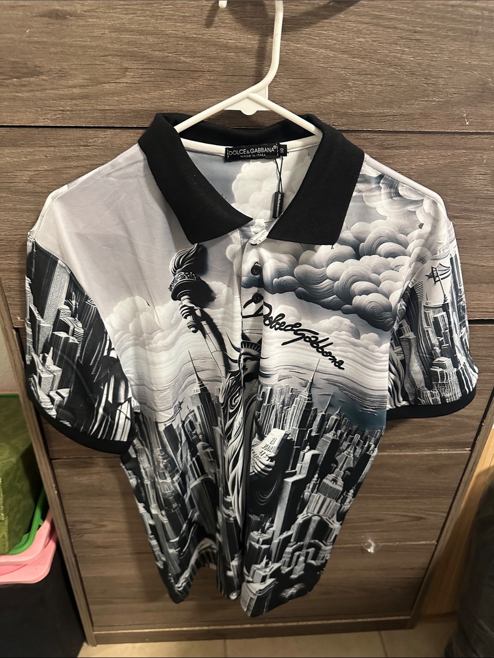Men’s Black and White Cityscape Polo size M